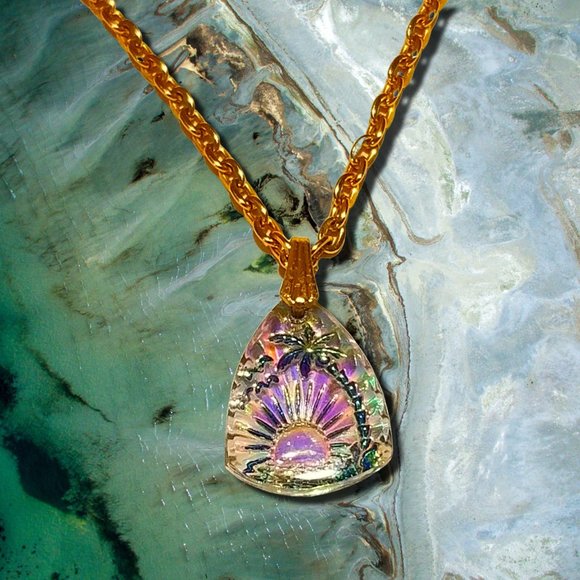 Germany Jewelry - Germany Vintage Gold Tone Curb Chain Iridescent Rainbow Glass Sunset Pendant